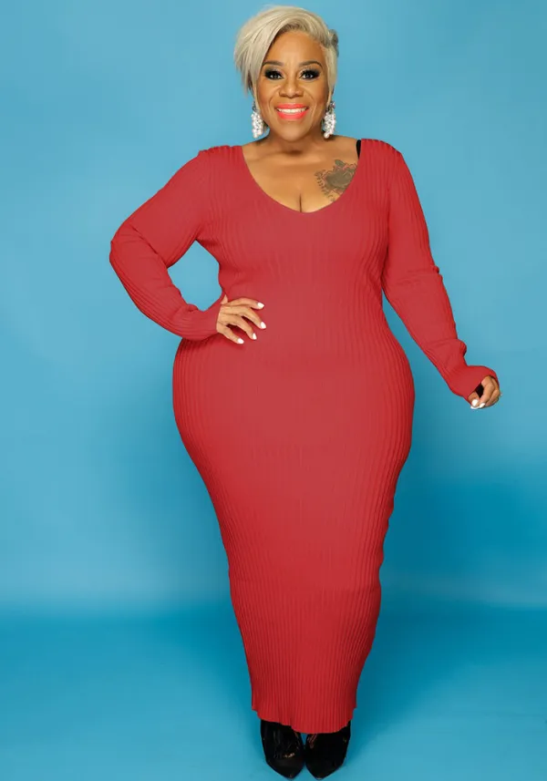 Plus Size Women Sexy Solid V-Neck Dress