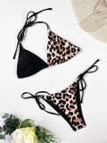 Women Leopard Print Sexy Backless Halter Bikini Swimsuit Two Pieces