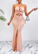 Women Sexy Lace-Up Hollow Solid Halter Neck Dress