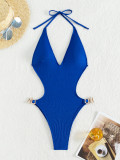 Women Sexy Deep V Backless Bikini Sapphire One-piece Swimsuit