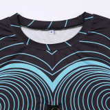 Geometric Line Print Patchwork Mesh Fishbone T-Shirt High-Waisted Shorts Casual Two-Piece Set