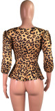 Women Casual Leopard V-neck Lace-Up Top