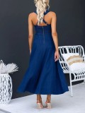 Chic Elegant Solid Slim Waist Strappy Denim Midi Dress