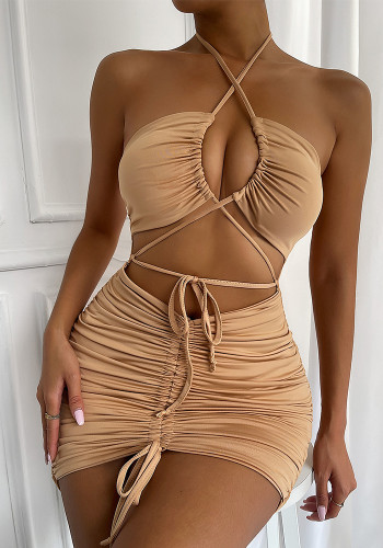Women's Summer Sexy Strap Hollow Lace-Up Pleated Bodycon Dress
