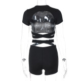 Women spring Backless short-sleeved T-shirt and shorts two-piece set