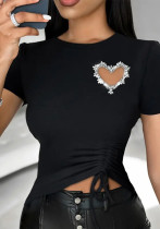 Summer T-Shirt Round Neck Heart Beaded Hollow Drawstring Solid Color Short Sleeve Women's Top