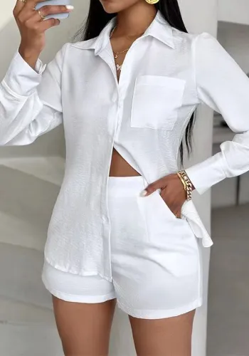Women's Chic Elegant Solid Color Pocket Long Sleeve Shirt Shorts Set Two Piece Set