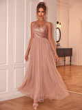 Spring And Summer Women's Sleeveless Dress V-Neck Sequin Chic Chiffon Patchwork Evening Gown