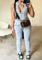 Stylish Zipper Pocket Sleeveless Two Piece Pants Set