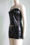 Women's Zipper Cuff Slim Strapless Leather Top Shorts Two Piece Set