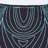 Geometric Line Print Patchwork Mesh Fishbone T-Shirt High-Waisted Shorts Casual Two-Piece Set