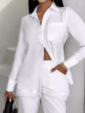 Women's Chic Elegant Solid Color Pocket Long Sleeve Shirt Shorts Set Two Piece Set