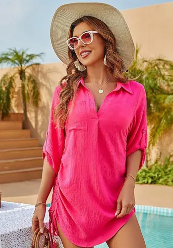 Women's Solid Color Drawstring Shirt Dress