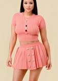Women's Fashion Casual Sexy Hollow Button Knitting Short Sleeve Two Piece Skirt Set