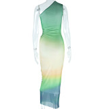 Fashionable Print Sexy Slash Shoulder Sleeveless Gradient Color Trendy Long Dress