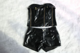 Women's Zipper Cuff Slim Strapless Leather Top Shorts Two Piece Set