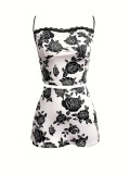 Women Lace Printed Suspender Top and Mini Skirt Two-piece Set