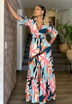 Women's Printed Puff Sleeve V-Neck Ruffle Long Dress