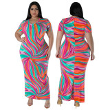 Plus Size Geometric Pattern Print Short Sleeves V-Neck Dress