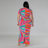 Plus Size Geometric Pattern Print Short Sleeves V-Neck Dress