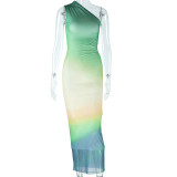 Fashionable Print Sexy Slash Shoulder Sleeveless Gradient Color Trendy Long Dress