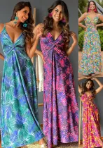 Spring And Summer Fashionable Women's Strap V-Neck Printed Chic Elegant A-Line Dress