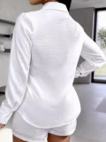Women's Chic Elegant Solid Color Pocket Long Sleeve Shirt Shorts Set Two Piece Set