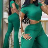 Spring Autumn Women's Sexy Round Neck Low Back Slim Butt Lift Solid Color Jumpsuit Sportswear