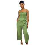 Women Pleated Top Solid Lace-Up Pants Two-Piece Set