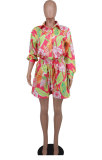 Women Spring Printed Shirt and Shorts Casual Two-piece Set