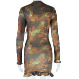Fashion Printed Retro Long Sleeve Round Neck Hollow Lace-Up Bodycon Women's Dress
