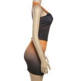 Summer Women's Fashionable Pu Vest High Waist Contrast Color Bodycon Skirt Two Piece Set