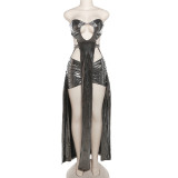 Women Summer Reflective Sexy Sleeveless Chest Covered Backless Top and Slit Tassel Skirt Two-piece Set
