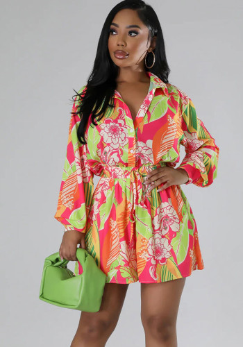 Women Spring Printed Shirt and Shorts Casual Two-piece Set