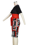 Spring And Summer Elegant Career Style Slim Belt Geometric Print Midi Dress