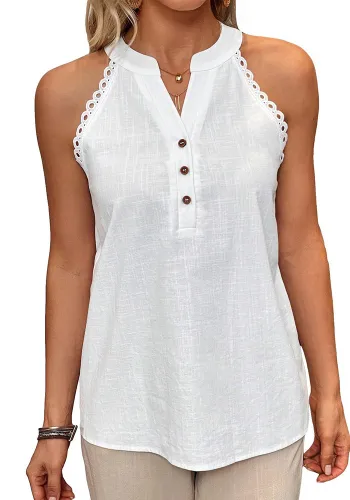 Women Lace Sleeveless Stand Collar Solid Shirt