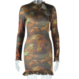 Fashion Printed Retro Long Sleeve Round Neck Hollow Lace-Up Bodycon Women's Dress