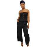 Women Pleated Top Solid Lace-Up Pants Two-Piece Set