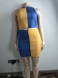 Women Color Block Zipper Casual Sleeveless Top and Skirt Two-piece Set