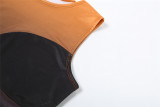 Summer Women's Fashionable Pu Vest High Waist Contrast Color Bodycon Skirt Two Piece Set