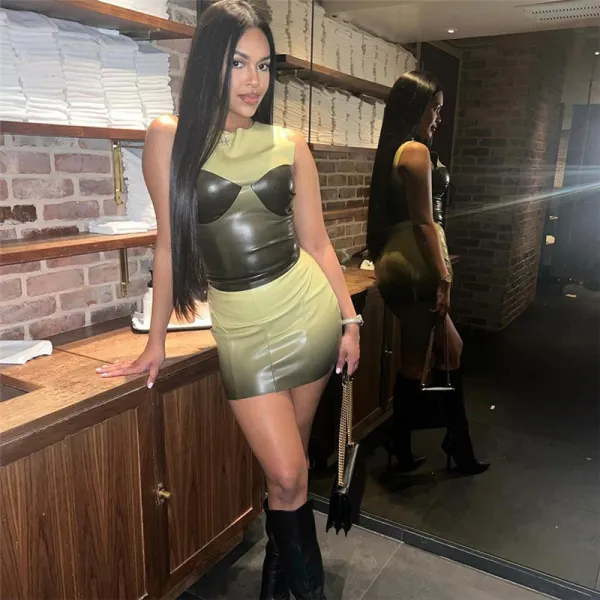 Summer Women's Fashionable Pu Vest High Waist Contrast Color Bodycon Skirt Two Piece Set