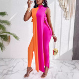 Women Summer Contrast Color Stand Collar Streamer Top And Pants Two-piece Set