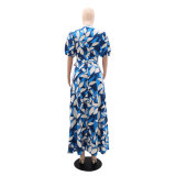 Puff Sleeve Spring Summer Casual Women's High Waist Long Dress