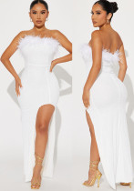 White Feather Strapless Sequin Low Back Women's Party Dress