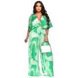 Fashion Women's V-Neck Print Pleated Casual Jumpsuit