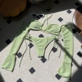 Glossy Four-Piece Drawstring Set Lace-Up Bikini Swimsuit With Sun Sleeves