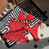 Drawstring Mesh Three-Piece Bikini Swimsuit