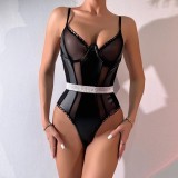 Sexy Lingerie Erotic Pu Leather See-Through Mesh One-Piece Strap Bodysuit