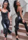 Women's Solid Color V-Neck Pu Leather Strap Slim Jumpsuit