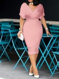 Solid Color Strapless V-Neck Half Sleeves Bubble Fashion Dress